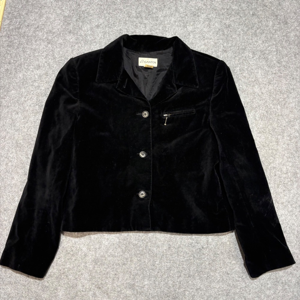 Gantos Vintage Black Velvet Blazer Jacket Zipper Pocket Womens Large L